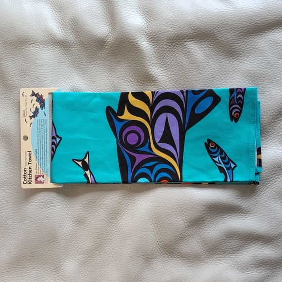 Cotton Kitchen Towel Salmon Indigenous Design by Joe Wilson, Coast Salish - Picture 3 of 5